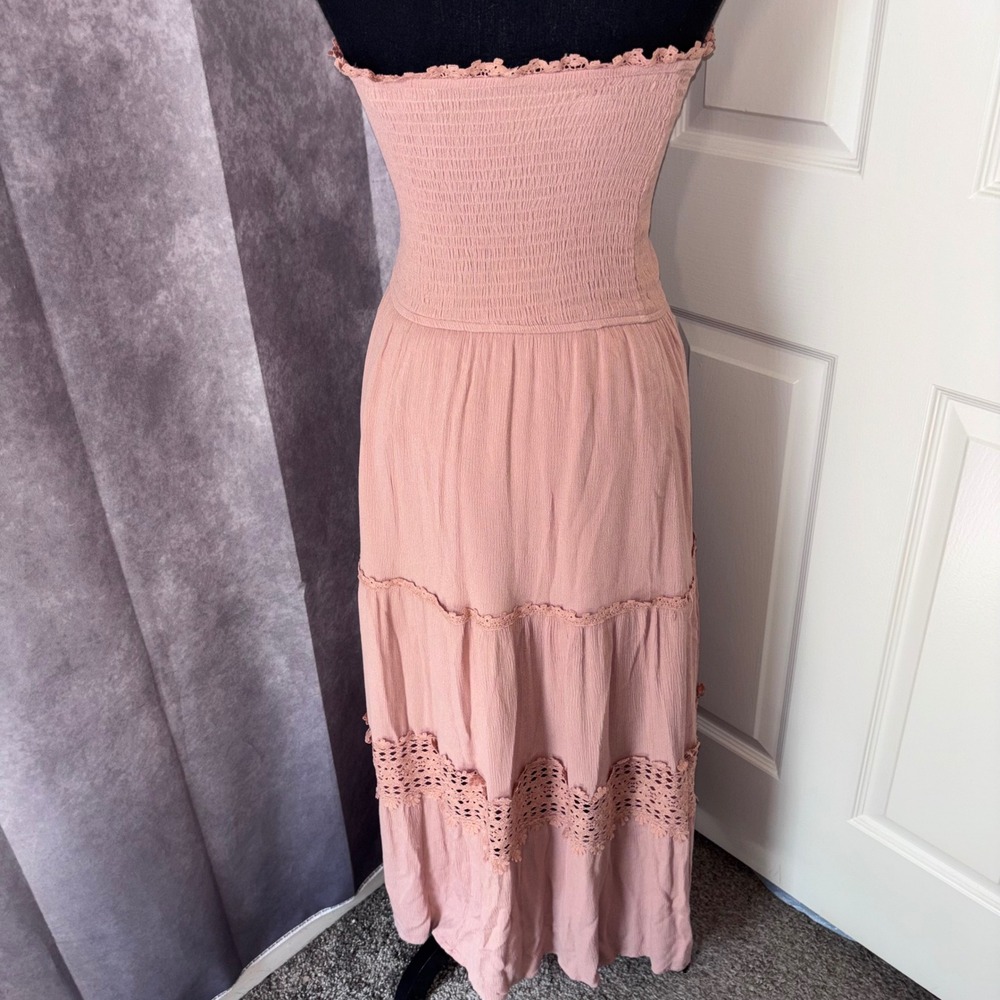 ZESICA Sz Small Dusty Rose Boho Summer Strapless Lace Beachy Flowy Maxi Sundress - Picture 3 of 11